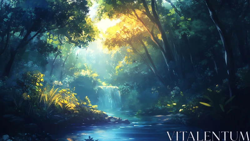 Forest Stream Waterfall with Canopy Lighting.