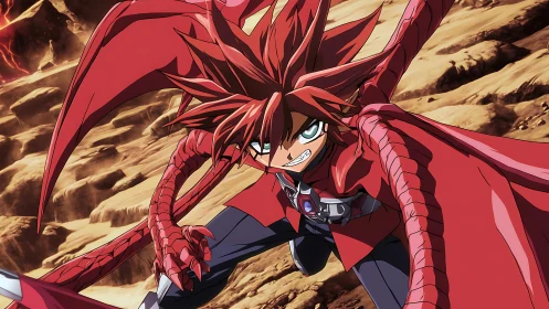 Red armored anime warrior crouched on rocky battlefield.