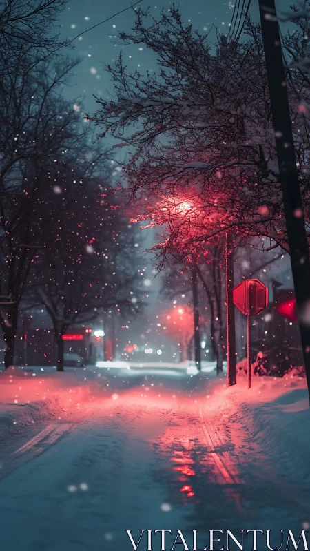 Soft red streetlights glow gently over a quiet snowy night