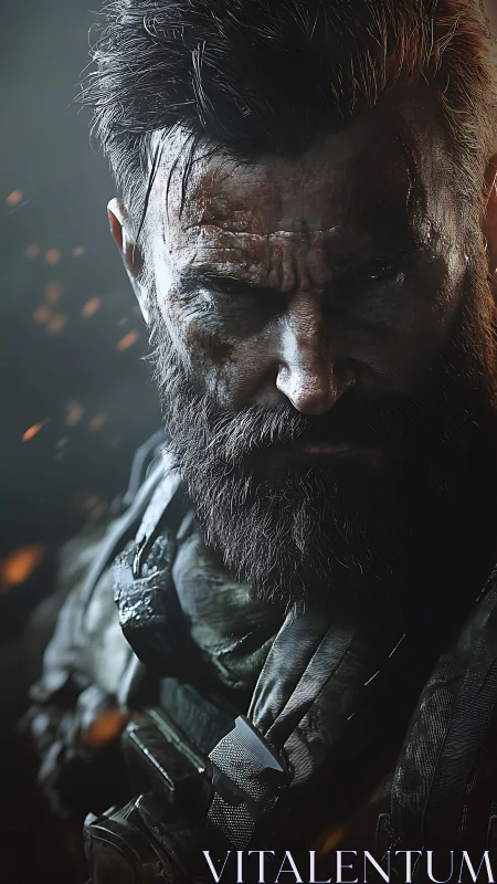 Battle-hardened soldier stares downward in dramatic close-up