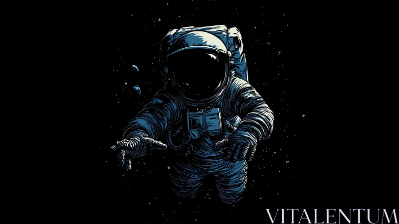 Solitary astronaut drifting in deep black outer space.