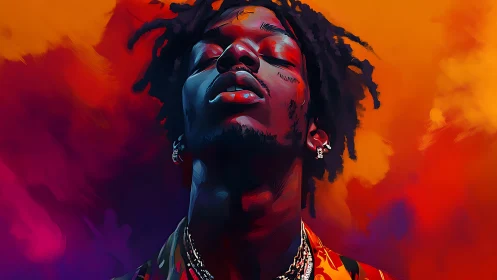 Vibrant digital portrait of man against fiery color clouds.