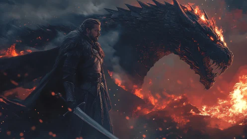 Armored swordsman stands before large firelit dragon
