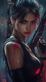 Armed warrior stands defiant in neon-lit rain-soaked alleyway.