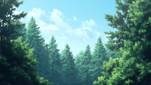 Dense coniferous forest with atmospheric perspective and luminous sky.
