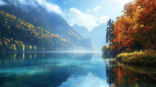 Mountain lake with autumn forest reflection under clear sky.