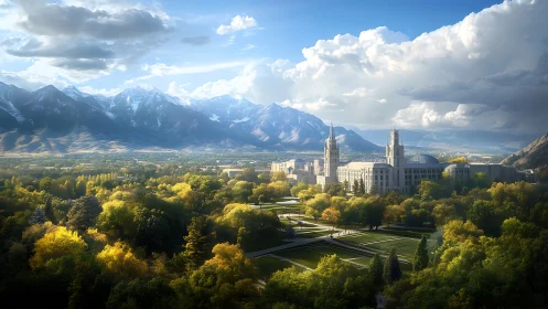 Sunlit mountain city cathedral rises above lush autumn valley