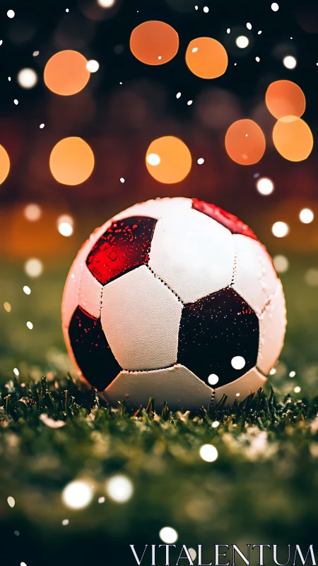 Snow-dusted soccer ball on wet turf under warm bokeh lights.
