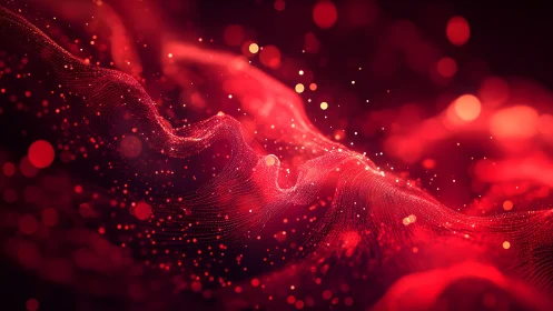 Abstract red wave of particles with glowing light, digital art style.