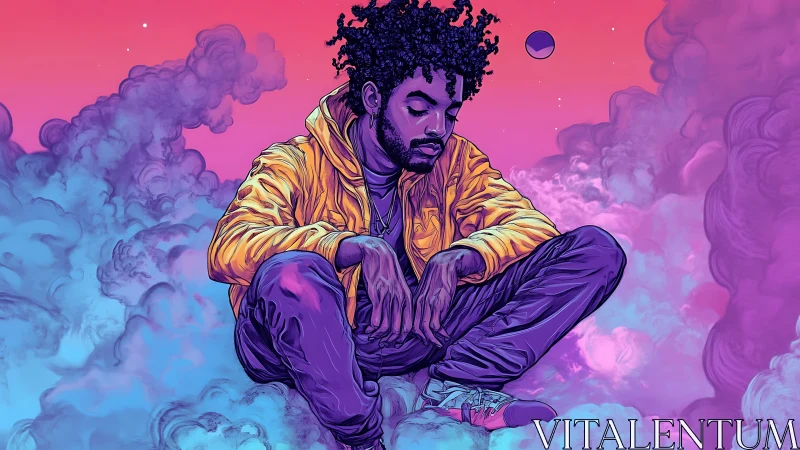 Man in yellow jacket sitting in colorful dream clouds.