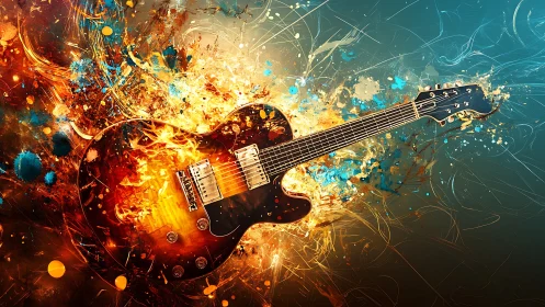 Electric guitar amid dynamic abstract color bursts.