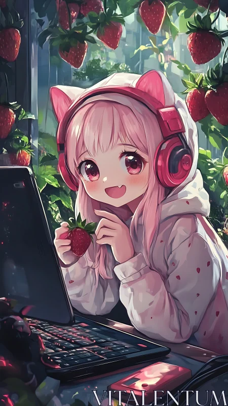 Strawberry gamer girl with cat headphones at RGB laptop workstation.