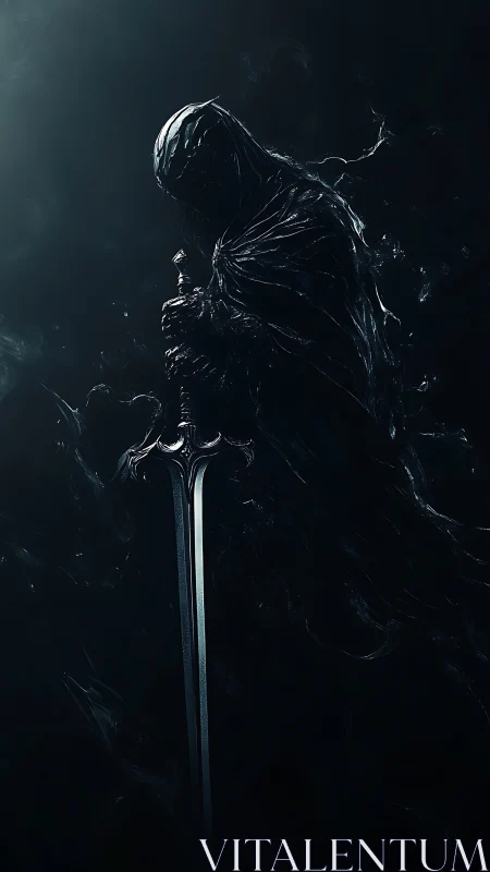 Hooded armored figure holding long sword in dark space.