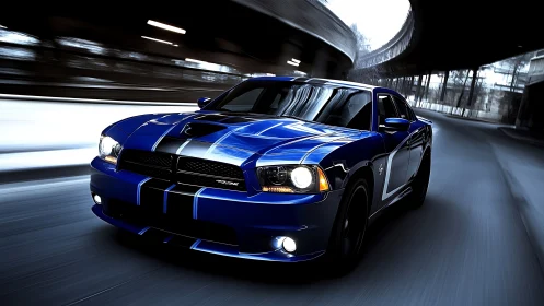 Blue muscle car powers through a sleek urban tunnel at speed