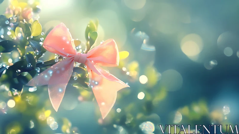 Pastel ribbon on foliage with luminous bokeh depth of field