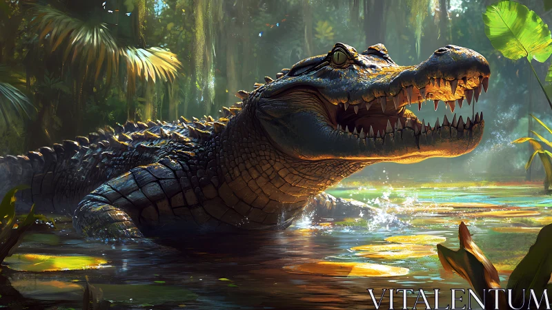 Sunlit swamp giant basking in a glittering jungle pool.