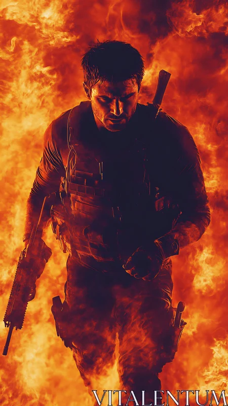 Armed soldier walking through intense surrounding flames.