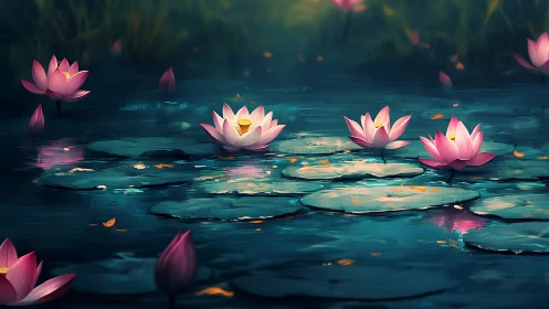 Moonlit lotus pond glows with teal water and pink petals.