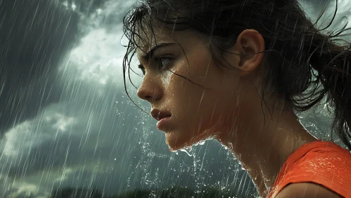 Young woman stands in heavy rain under dark storm clouds