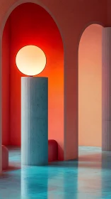 Glowing orb lamp rests on fluted column in colored arches