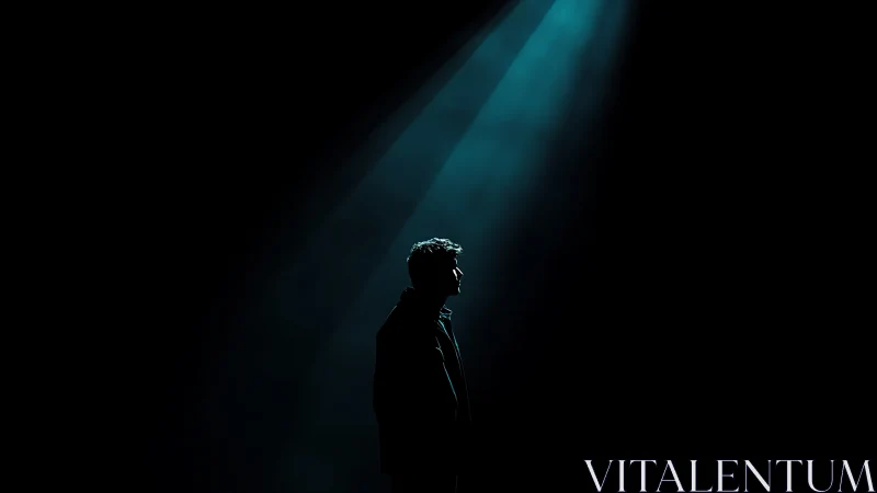 Solitary figure pauses in a quiet beam of cool blue light