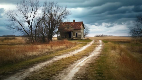 Weathered farmhouse anchors storm-lit rural dirt road.