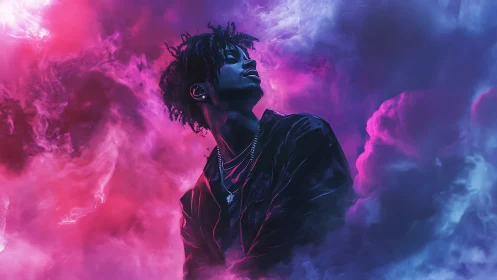 Neon-lit portrait in swirling magenta and cyan clouds.