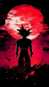 Backlit warrior silhouette against high-contrast red lunar backdrop