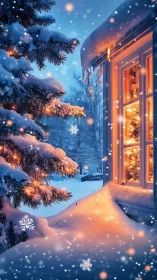 Cozy winter window glow beside softly lit snowy pines.