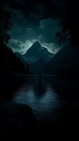 Nocturnal alpine lake silhouette in moody digital painting.