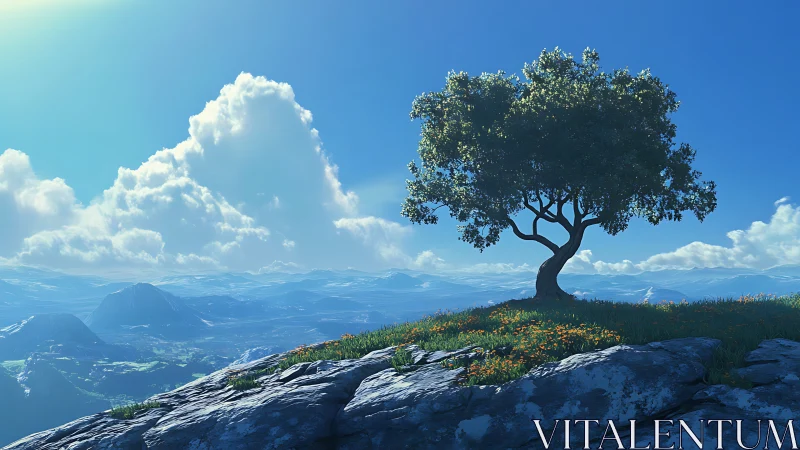 Lone hilltop tree basking above a sea of drifting clouds.