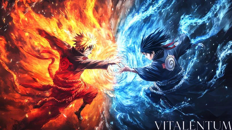 Rivals clash midair, fire and water chakra colliding violently