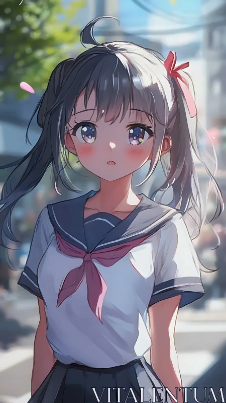 Sunlit schoolgirl pauses as city streets blur around her