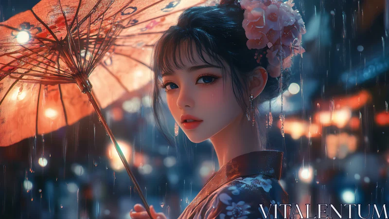 Elegant woman beneath lantern-lit rain gazes with quiet longing