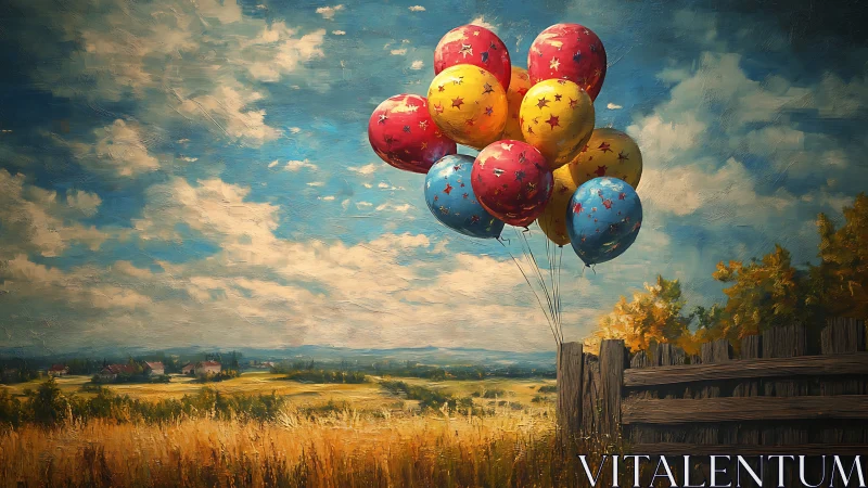 Colorful balloons drifting over a sunlit country field.