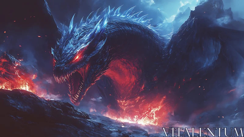 Icefire dragon roars over volcanic abyss in storm.