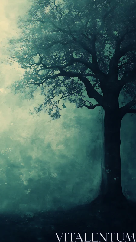 Solitary silhouette tree emerges from atmospheric teal mist