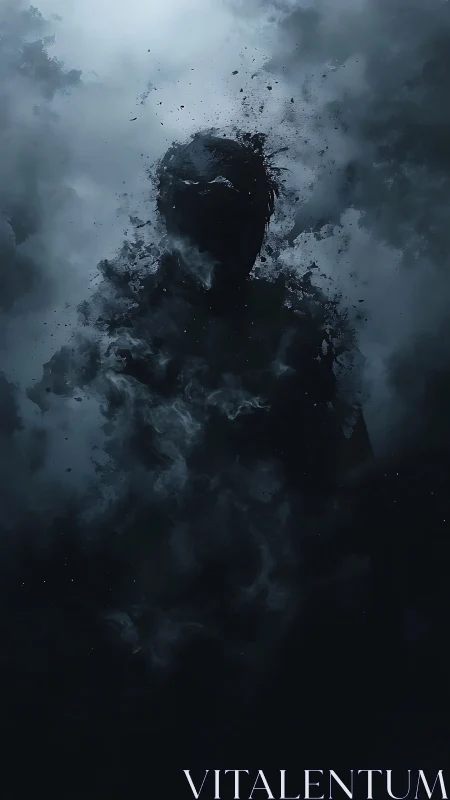 Silhouetted human form dissolving in dark atmospheric smoke.
