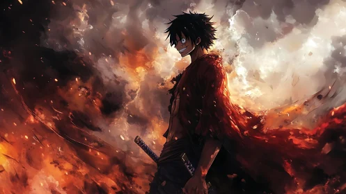 Sword‑wielding anime fighter amid swirling firestorm clouds.