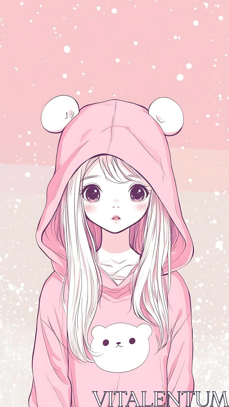 Soft pastel anime portrait with pink hoodie character design.