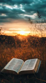 Open book rests in glowing meadow under radiant sunset.