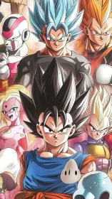 Multilayered anime battle tableau with high-energy character clustering.