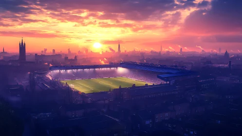 Sunlit city football stadium under vivid evening sky.