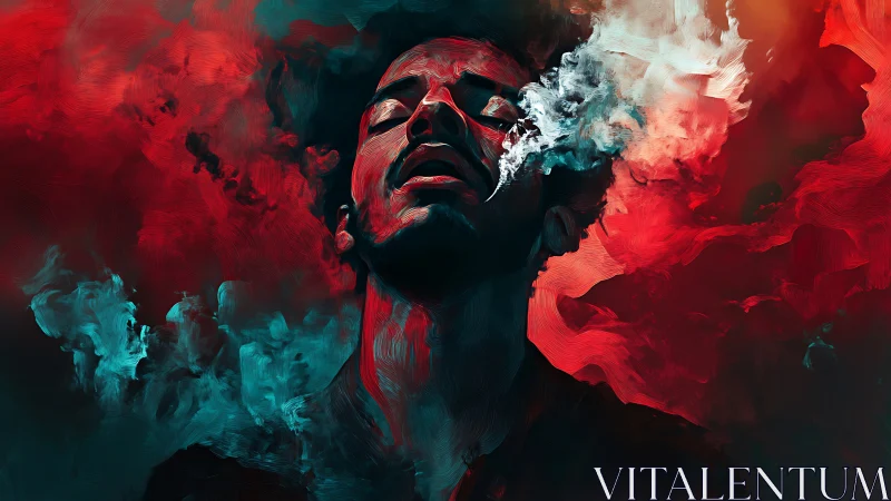 Expressive portrait in red teal vaporous digital strokes.