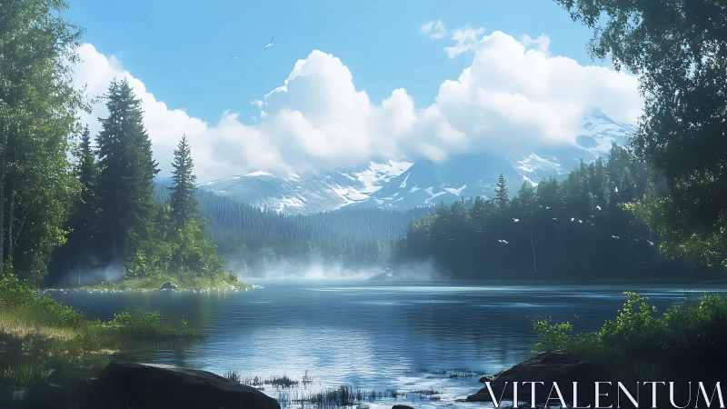 Quiet mountain lake rests under soft clouds and bright sky