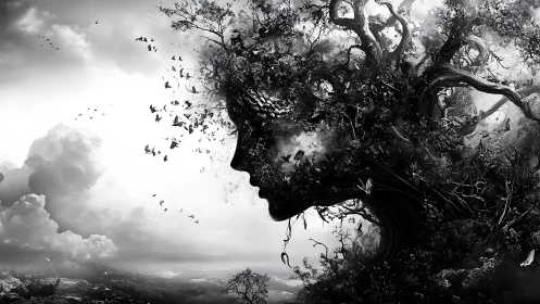 Forest-thought silhouette dissolves into migrating daylight birds