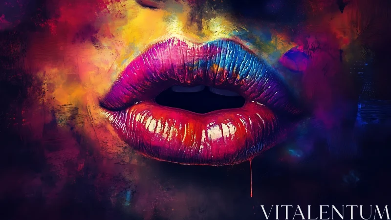 Luminous painted lips glowing in a dreamy neon color storm.