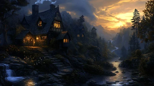 Warm lit riverside cottage contrasts with dramatic twilight sky