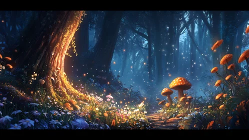Enchanted forest path glowing with fireflies and mushrooms.