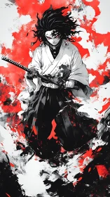 Samurai swordsman in black and white amid red chaos